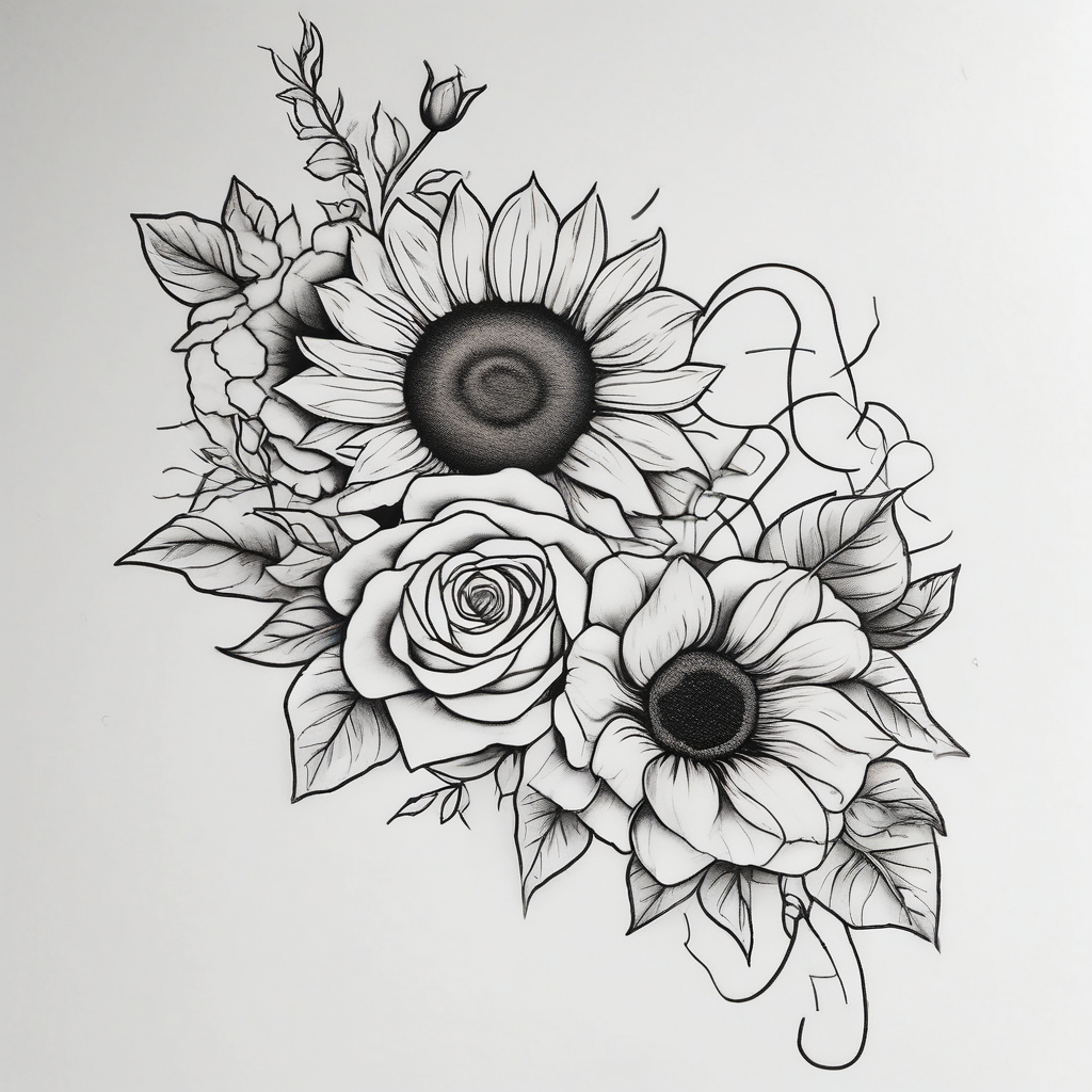 sunflower and roses floral sleeve tattoo cute tattoo idea, AI-generated Minimalist tattoo design